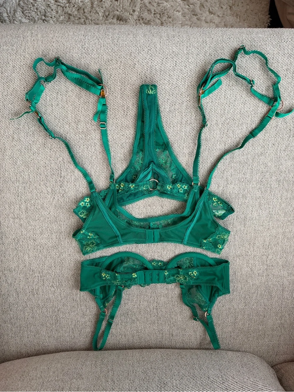 Elegant Green Floral Embroidered Lingerie Set